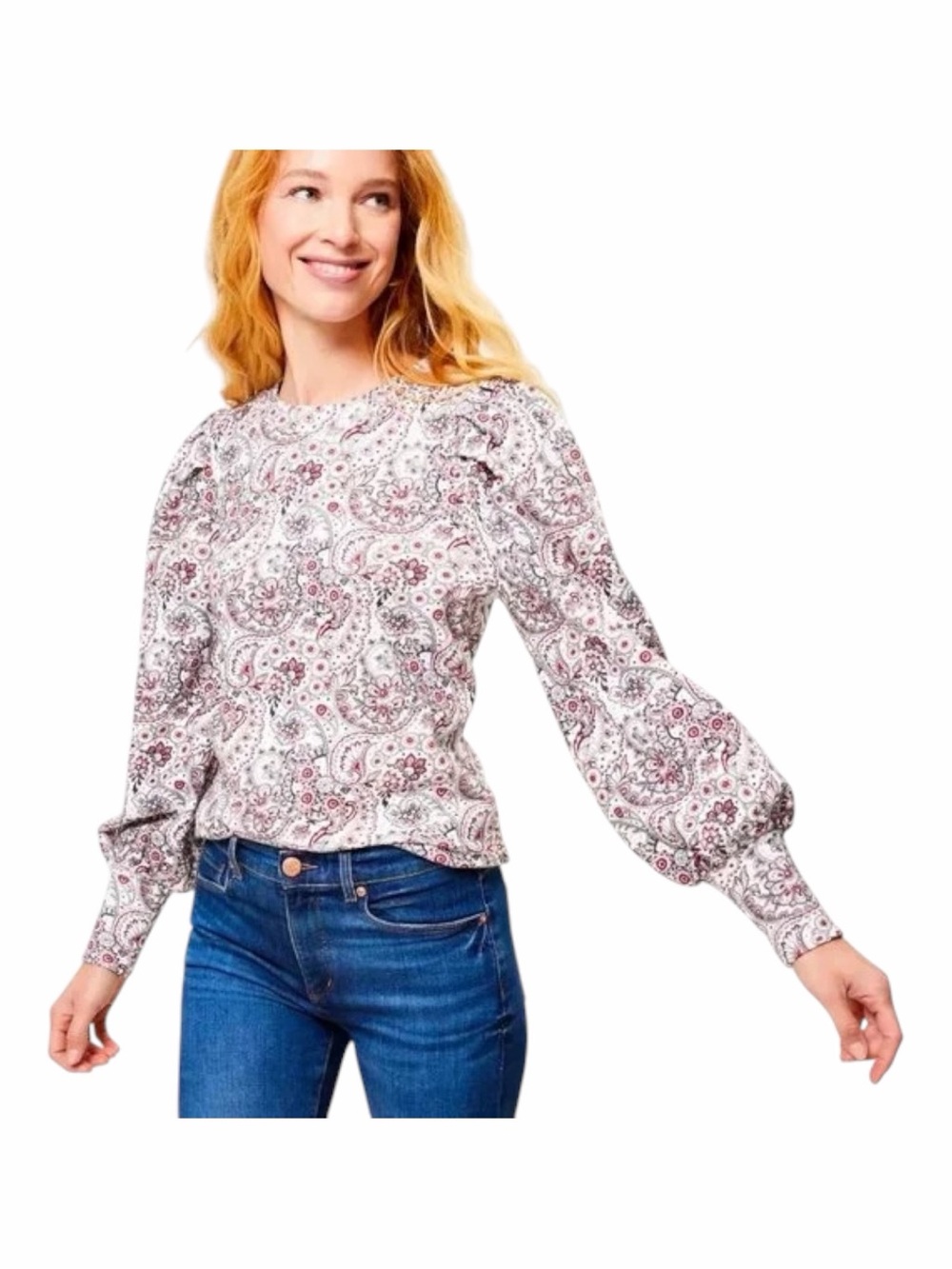 NWT! Ann Taylor LOFT 100% Cotton Paisley Print Puff Sleeve Sweatshirt Size Small